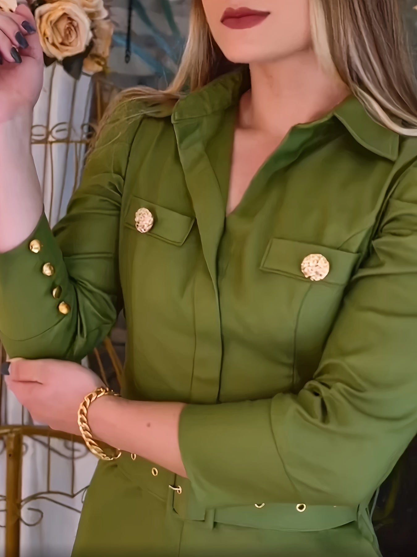 Green Gold Button Accent with Side Zipper Belted Dress