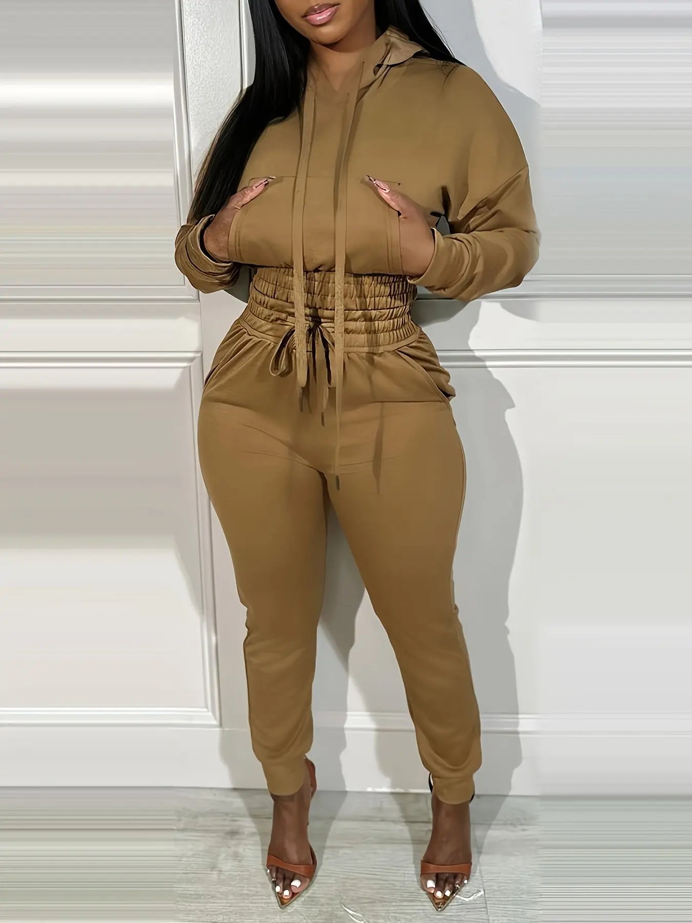 Hooded Crop Top and Shirred Waist Cuffed Jogger Set Toshe Women's Fashions