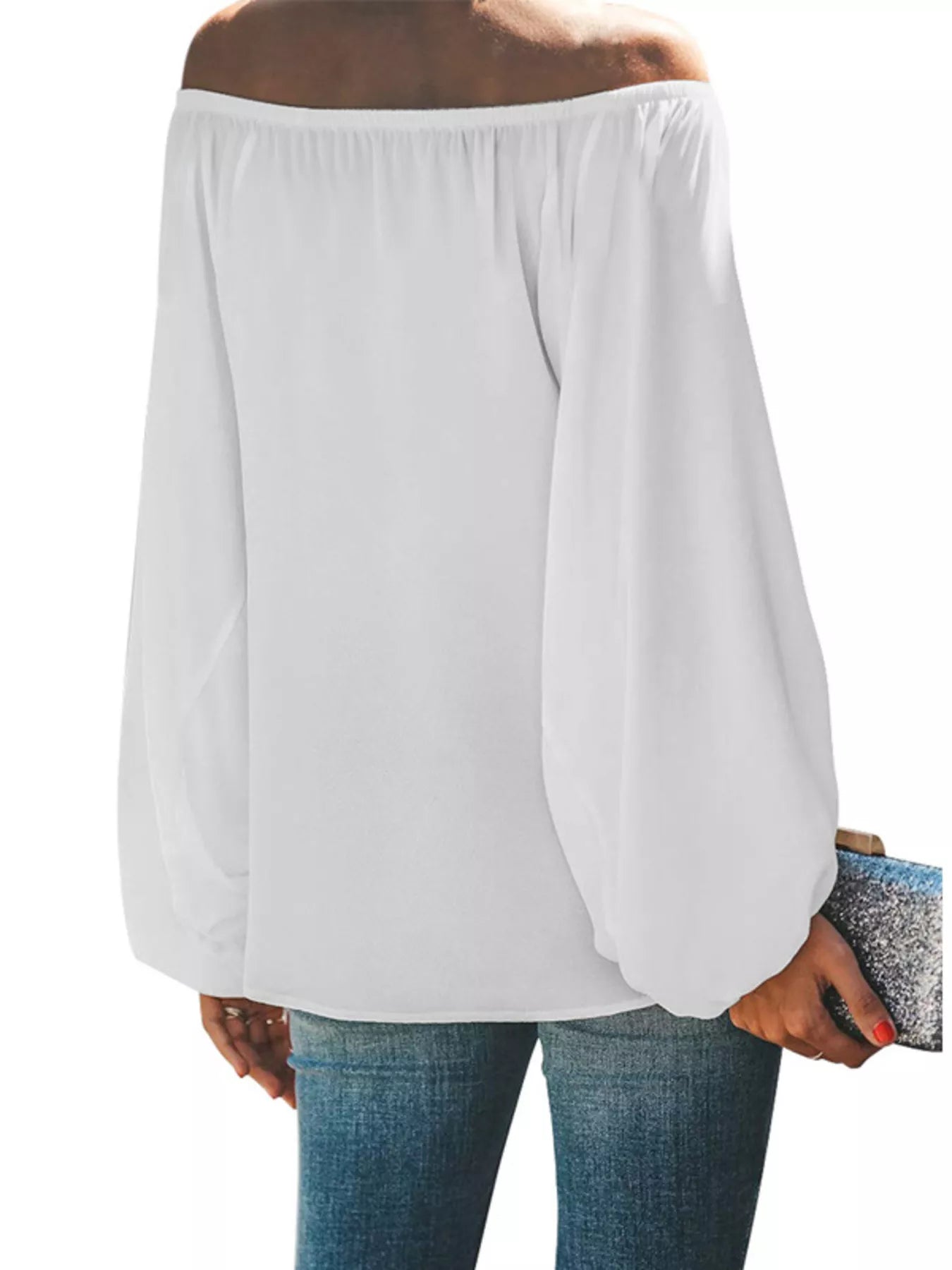 Off-shoulder balloon sleeve blouse from Trendsi, lightweight top with ruffled off-shoulder neckline and billowy long sleeves.