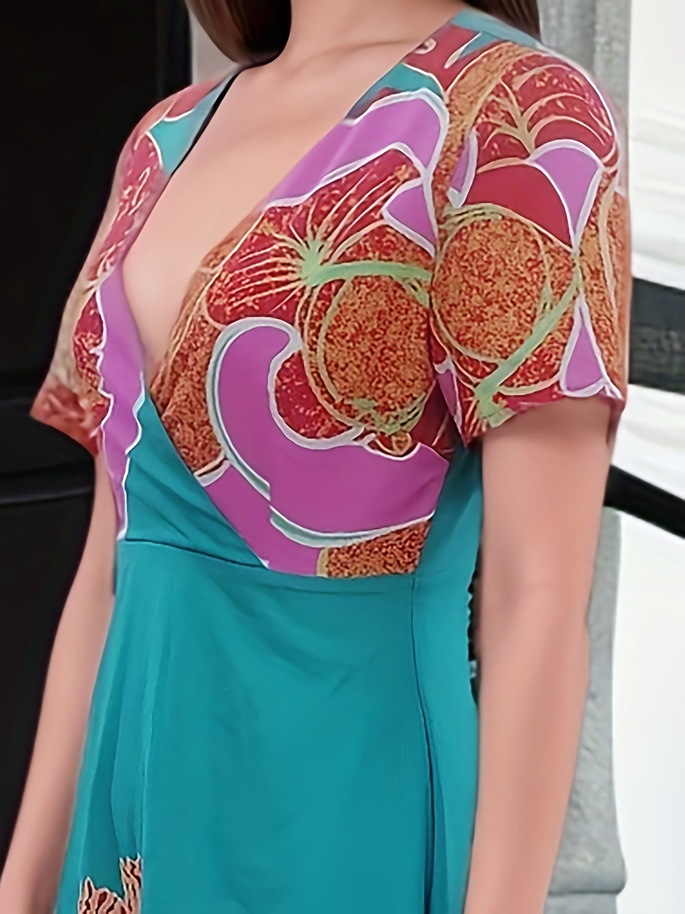 Bright Floral V-Neck Dress – Colorful Summer Midi Dress with Cap Sleeves