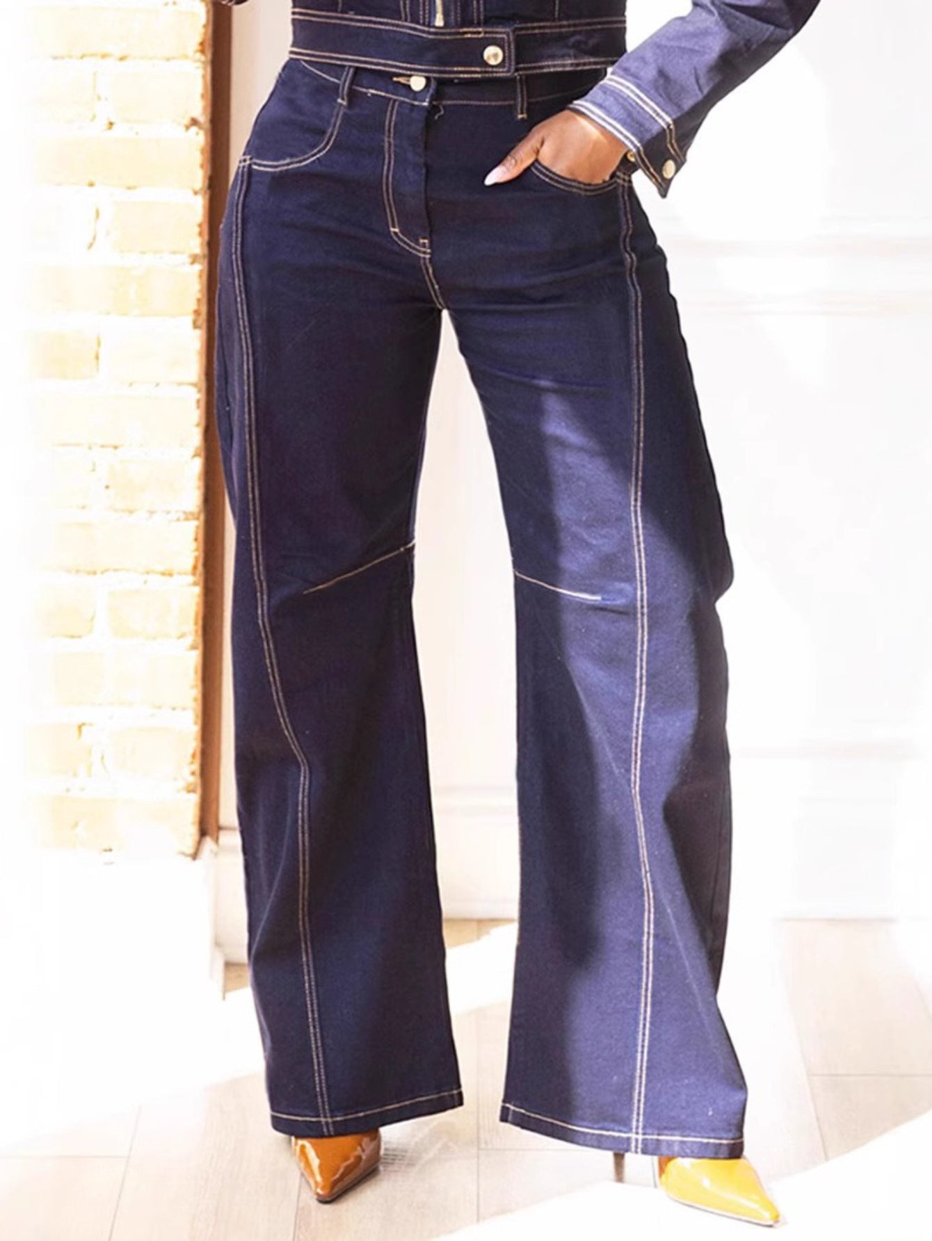 Denim Zipper Front Jacket and Stitched Wide-Leg Jean Set