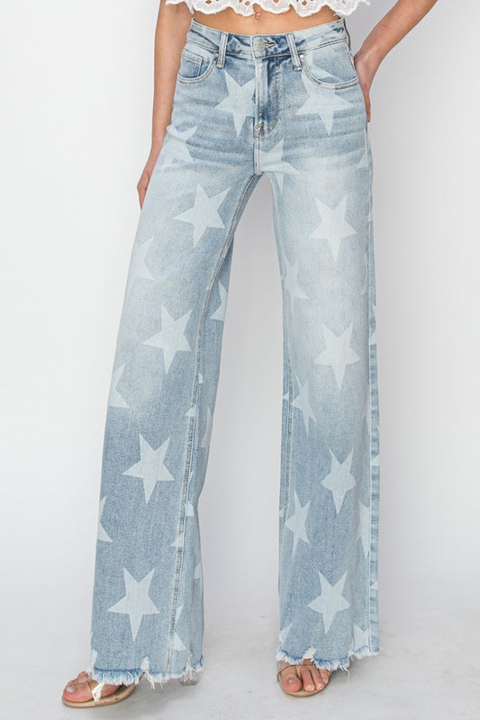 Raw Hem Star Light Blue Wide Leg Jeans - Toshe Women's Fashions
