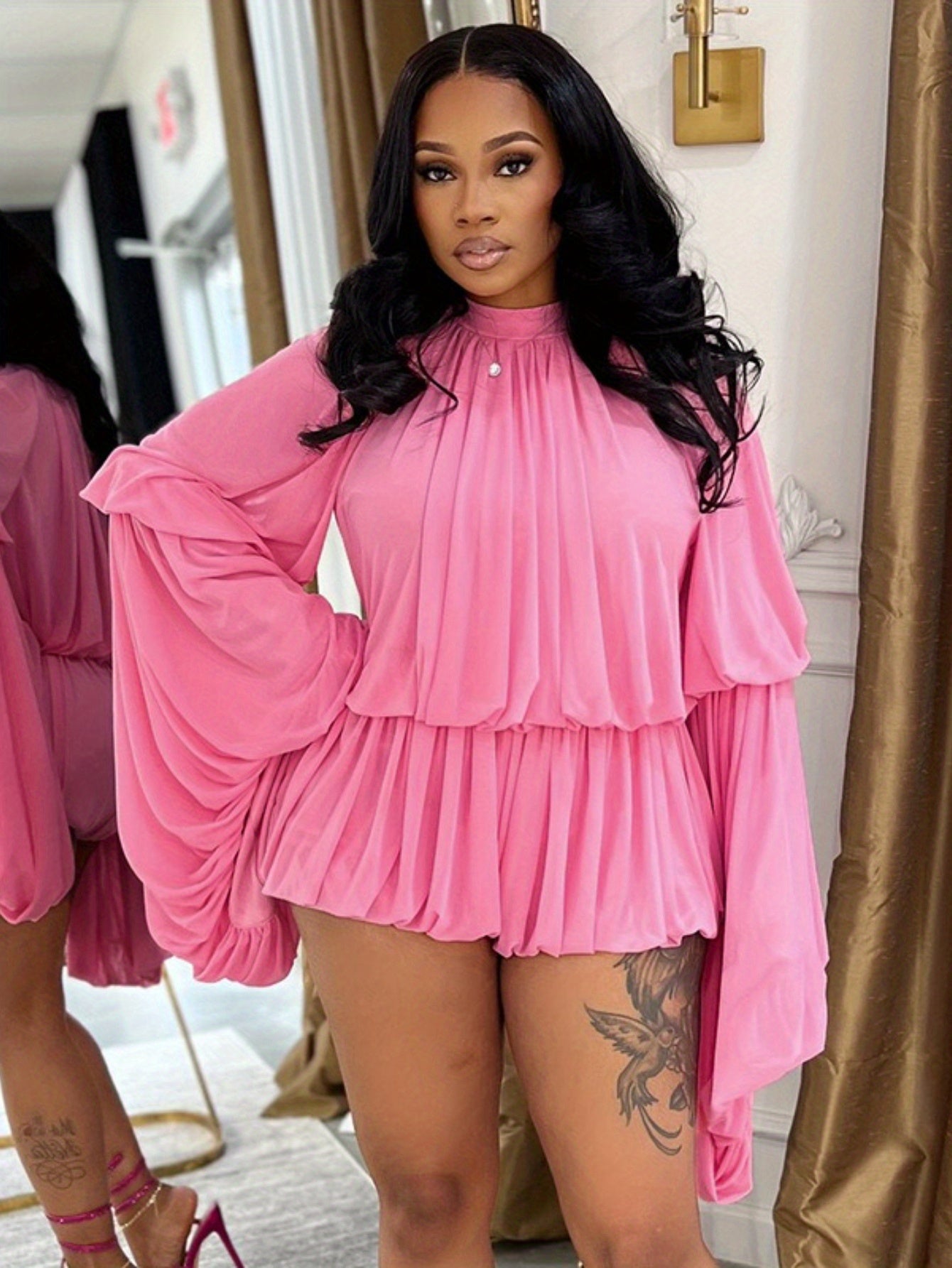 High Neck Pleated Romper with Pockets