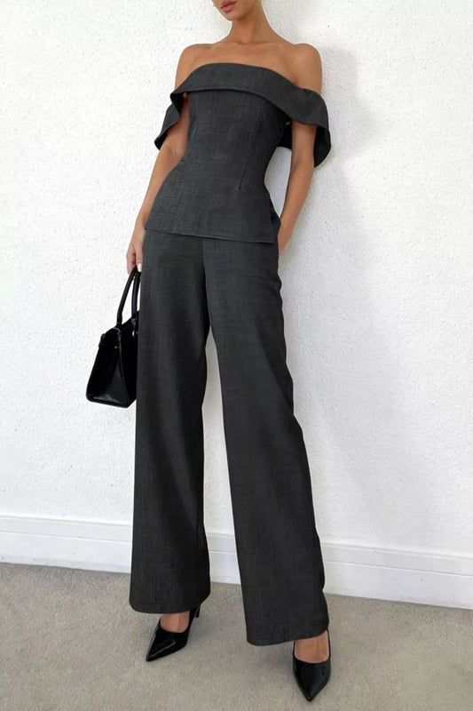 Off-shoulder top and wide-leg pants set for after 5 occasions, stylish Trendsi fashion ensemble with elegant design.