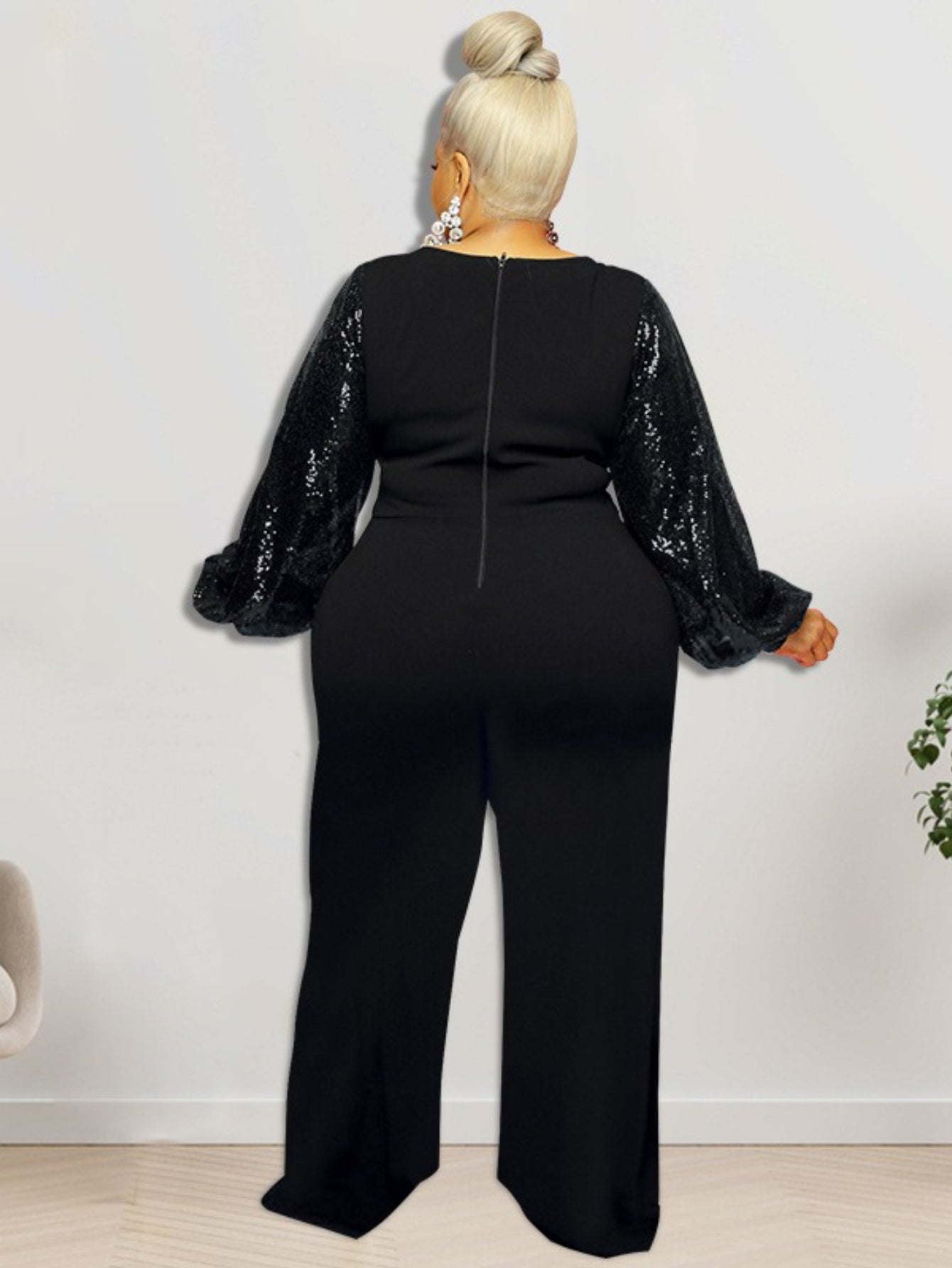 Elegant Sequin Sleeve Jumpsuit – Black One-Piece for Evening Glam
