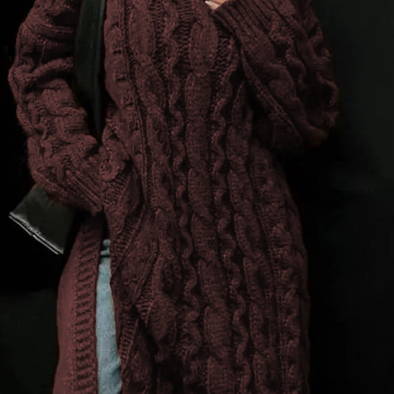 Crimson Turtleneck Cable-Knit Sweater Dress with Side Slit – Cozy Elegant Midi Dress