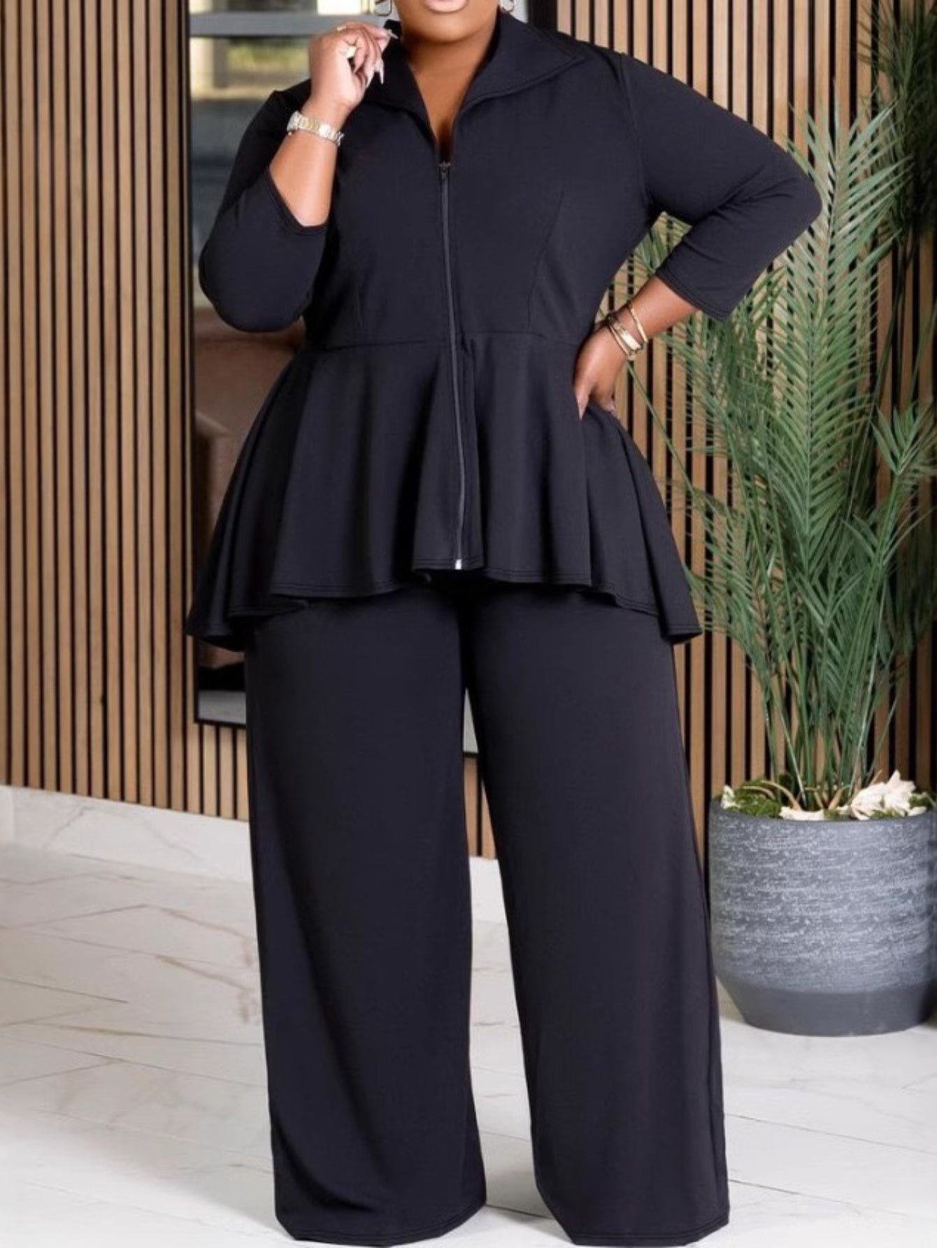 Collared Lapel Zipper Flare Waist Top & Wide-Leg Pants Set