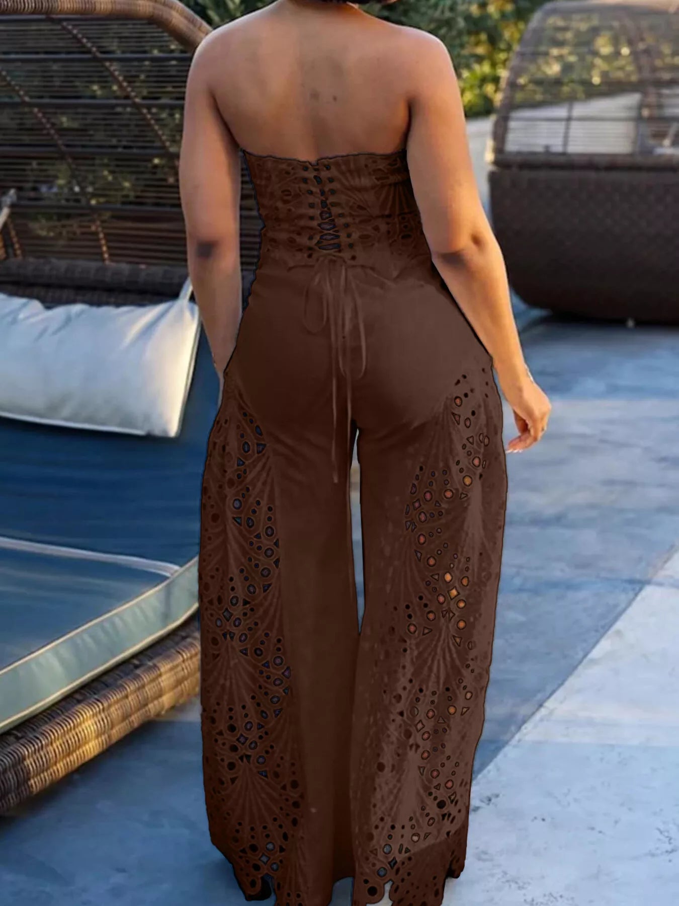 Trendsi hollow-out tube top and pants set, stylish 2-piece ensemble with cut-out details, perfect for trendy casual wear.