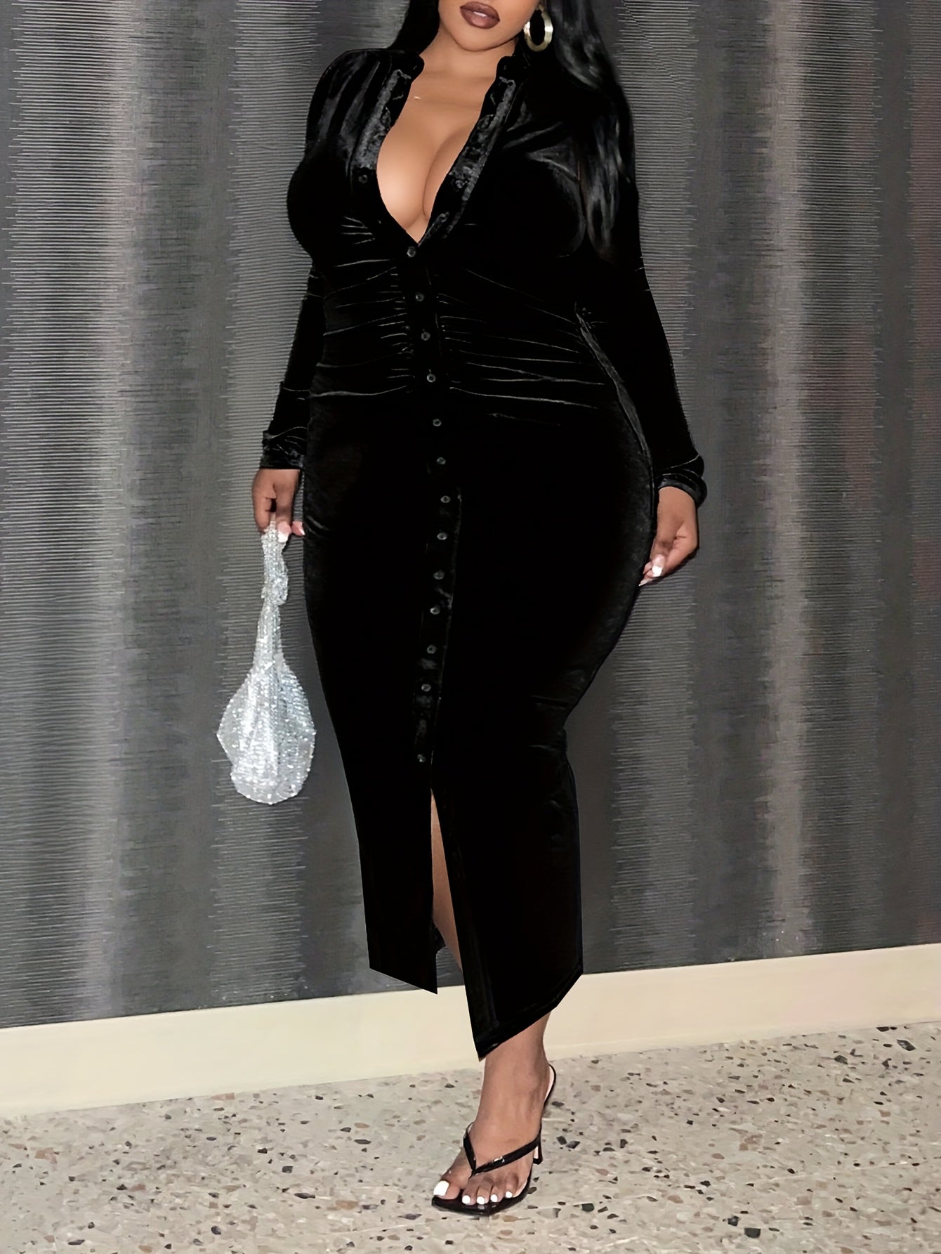 Black Velour Button Front Deep V Dress