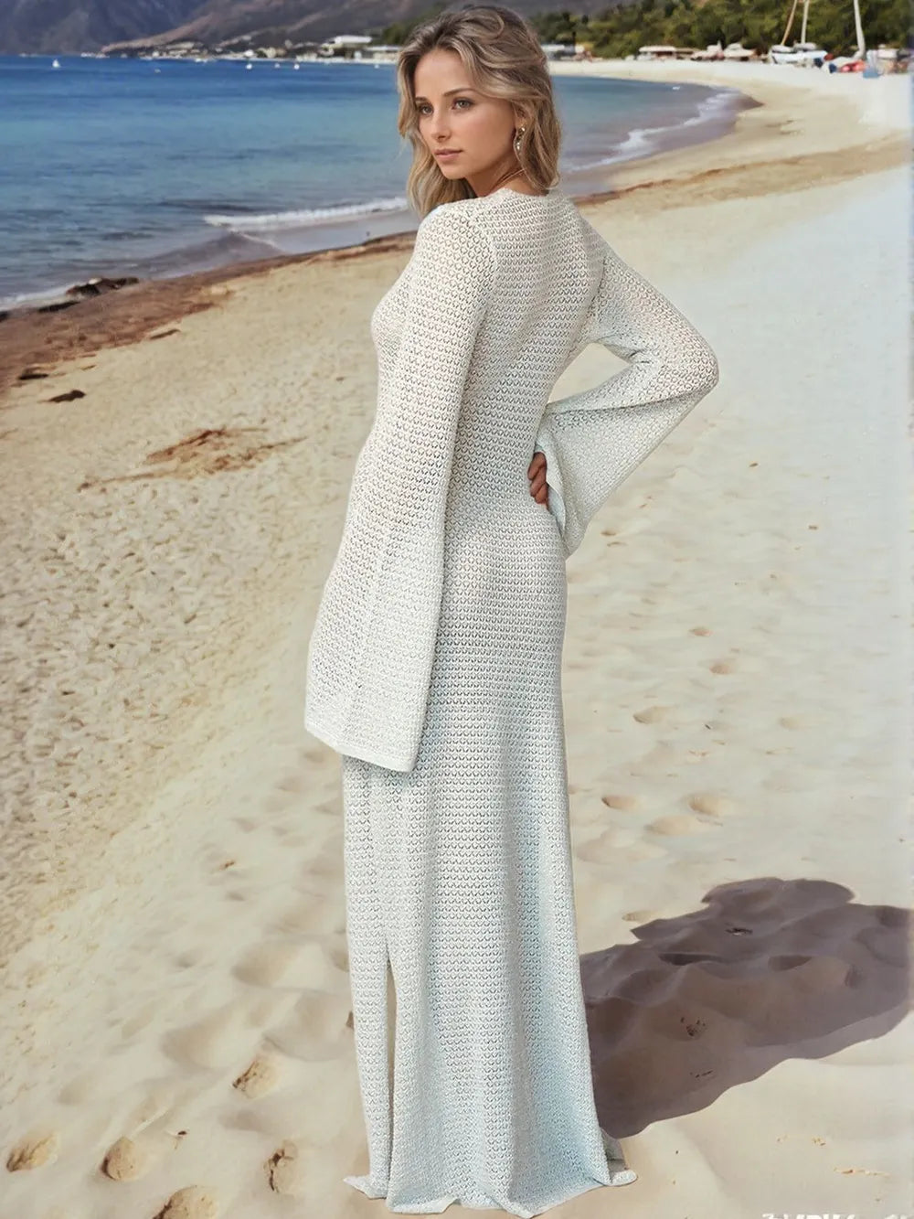 Trendsi slit plunge flare sleeve cover-up dress, stylish swimwear with a deep V neckline and wide flare sleeves.