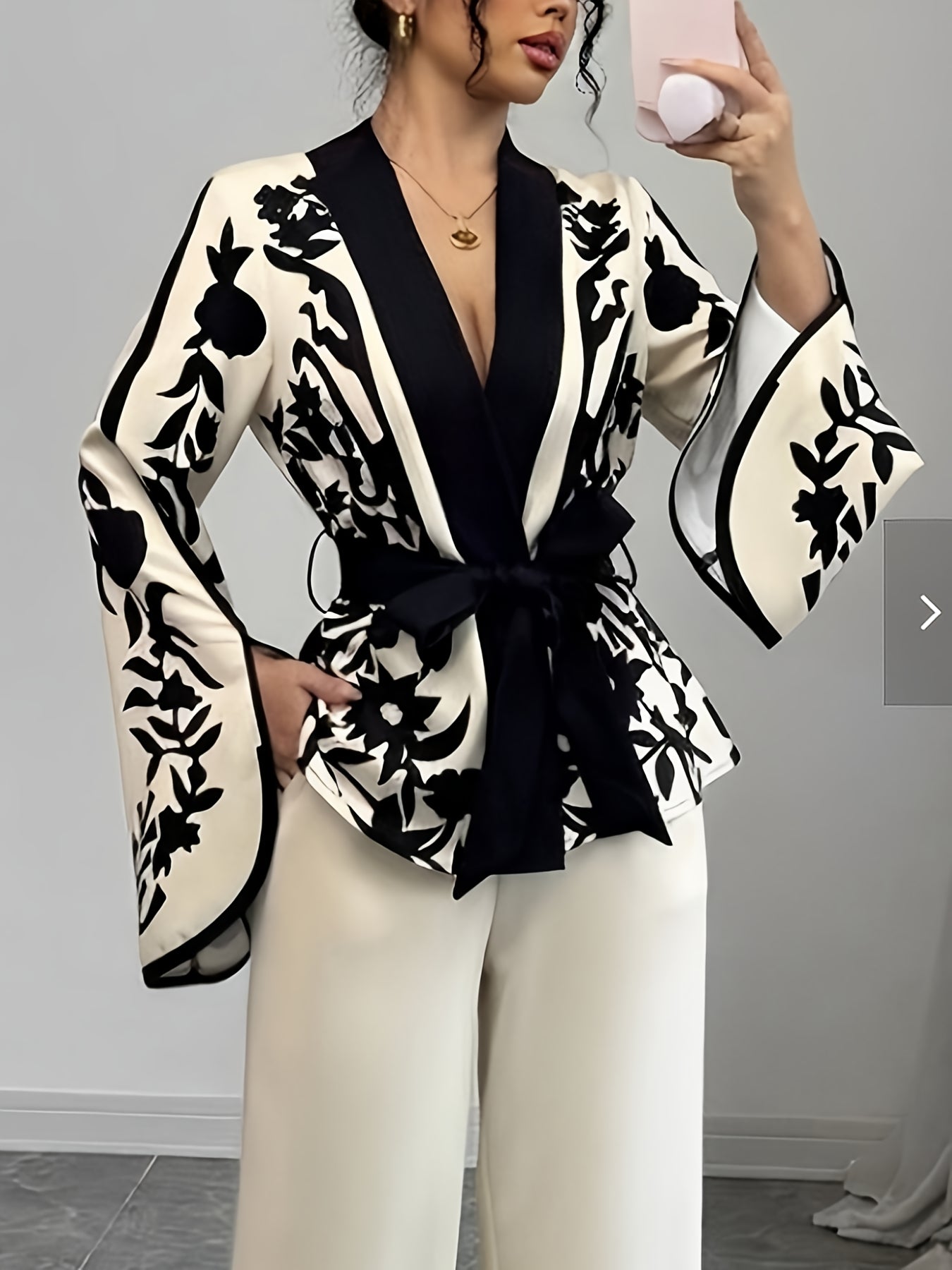 Black Floral Print Belted Blouse