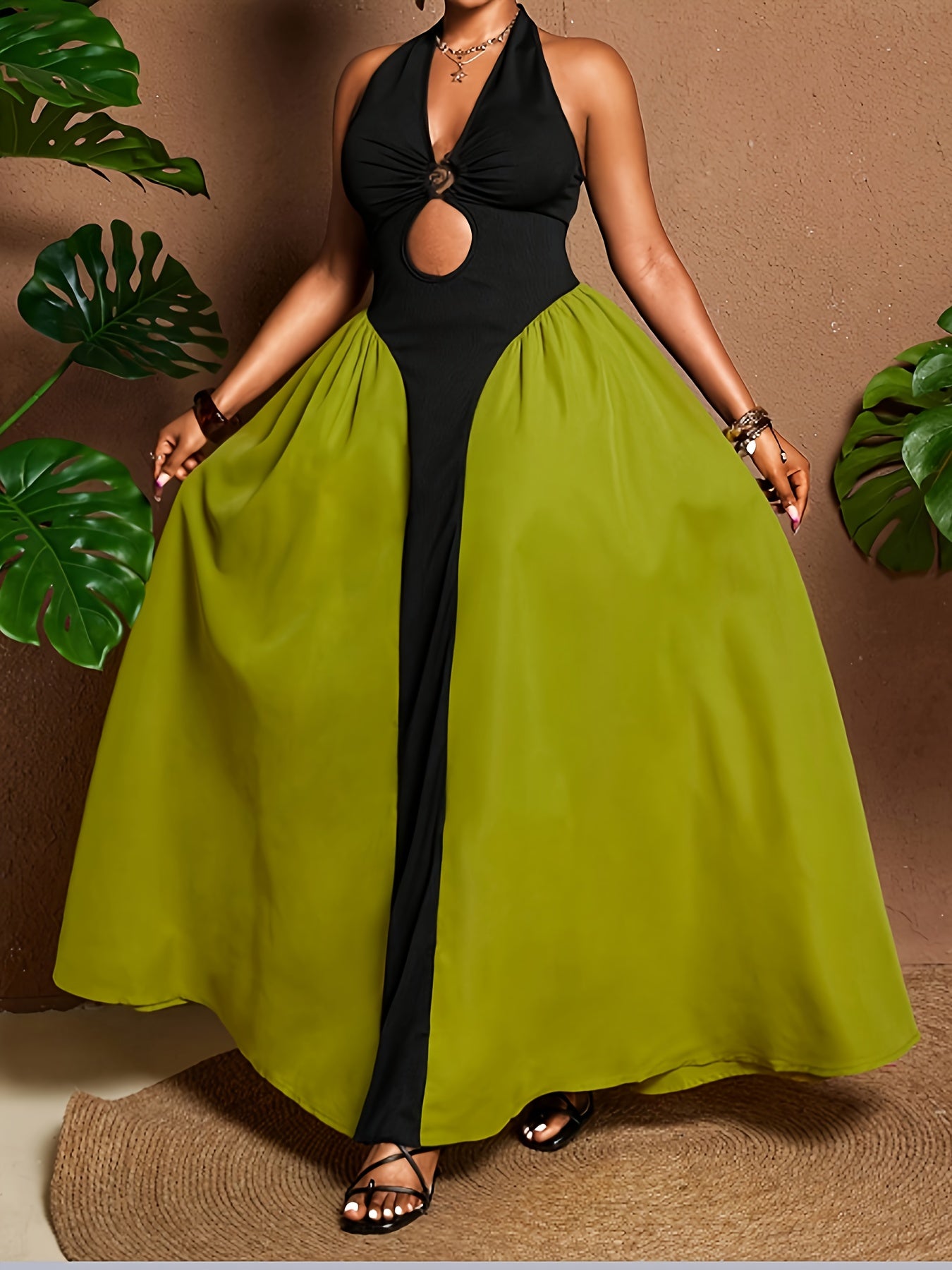 Halter Cut-Out Bodycon Dress – Green & Black Statement Style