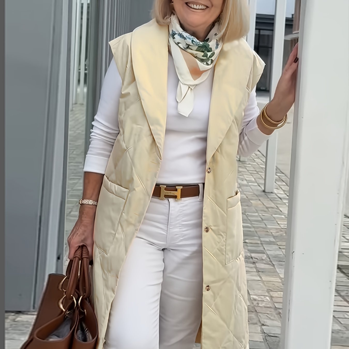 Beige Quilted Design with Button Front Sleeveless Vest