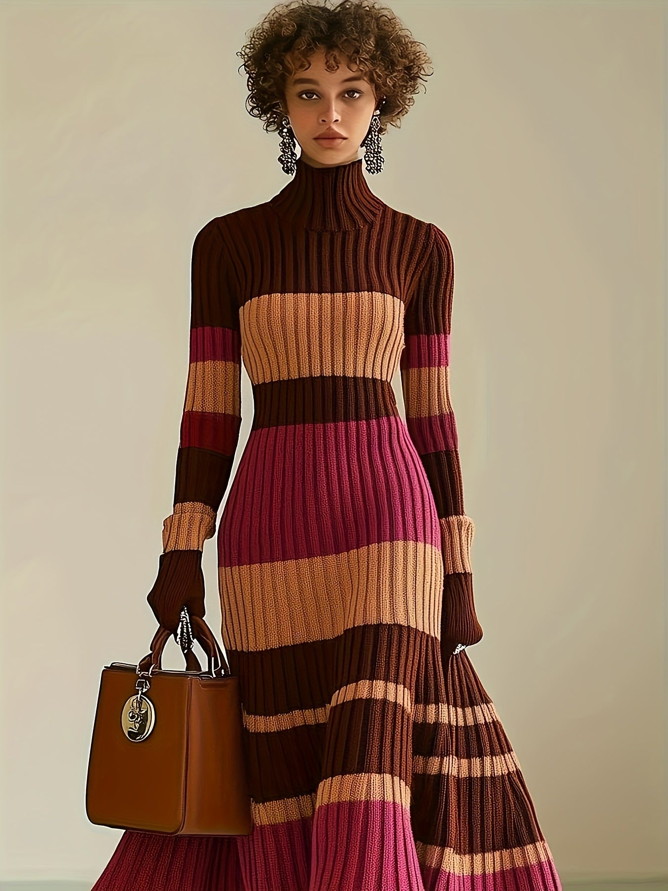 Color Block Ribbed Knit Turtleneck Dress – Sleek, Cozy & Bold