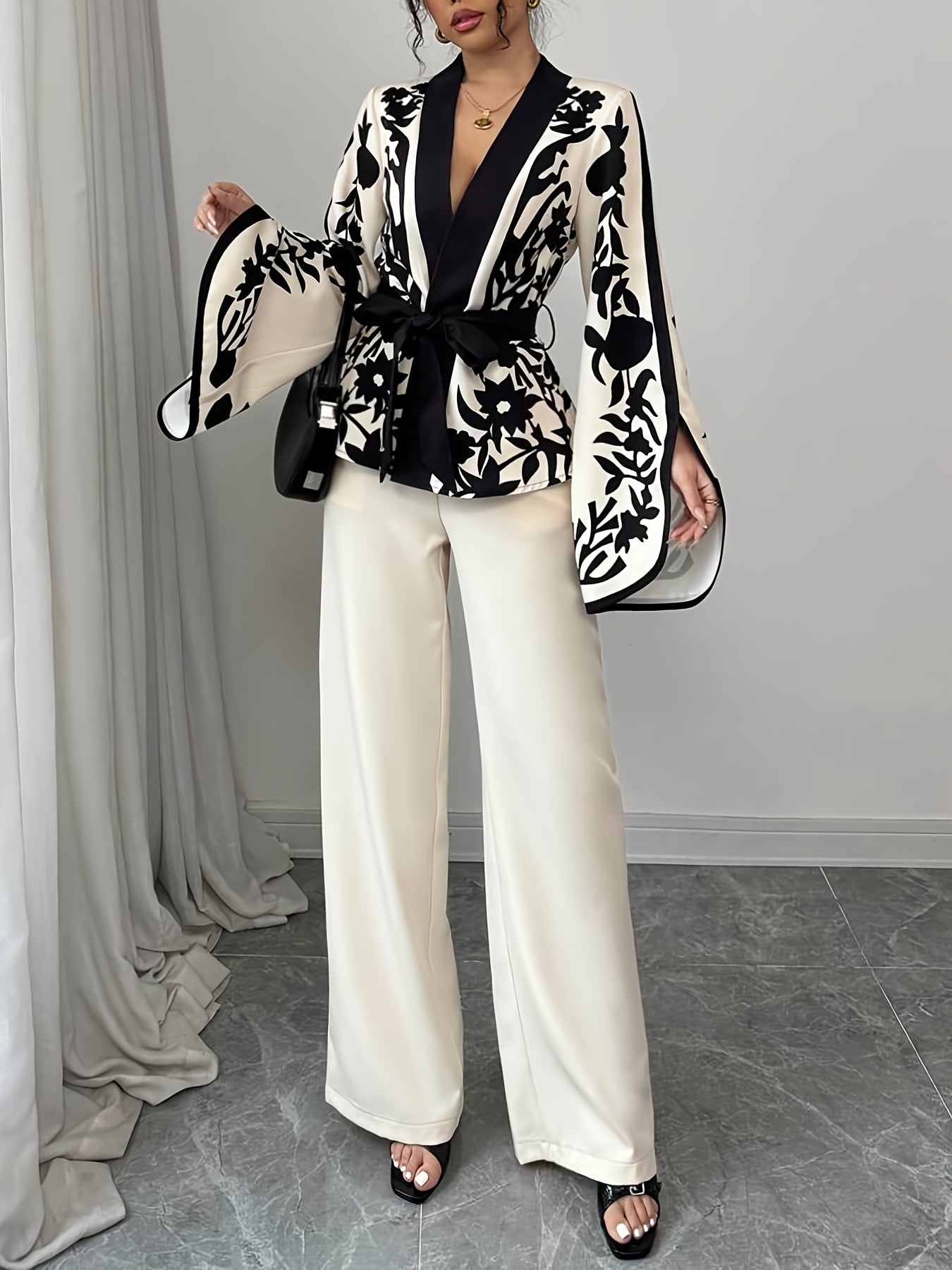 Black Floral Print Belted Blouse
