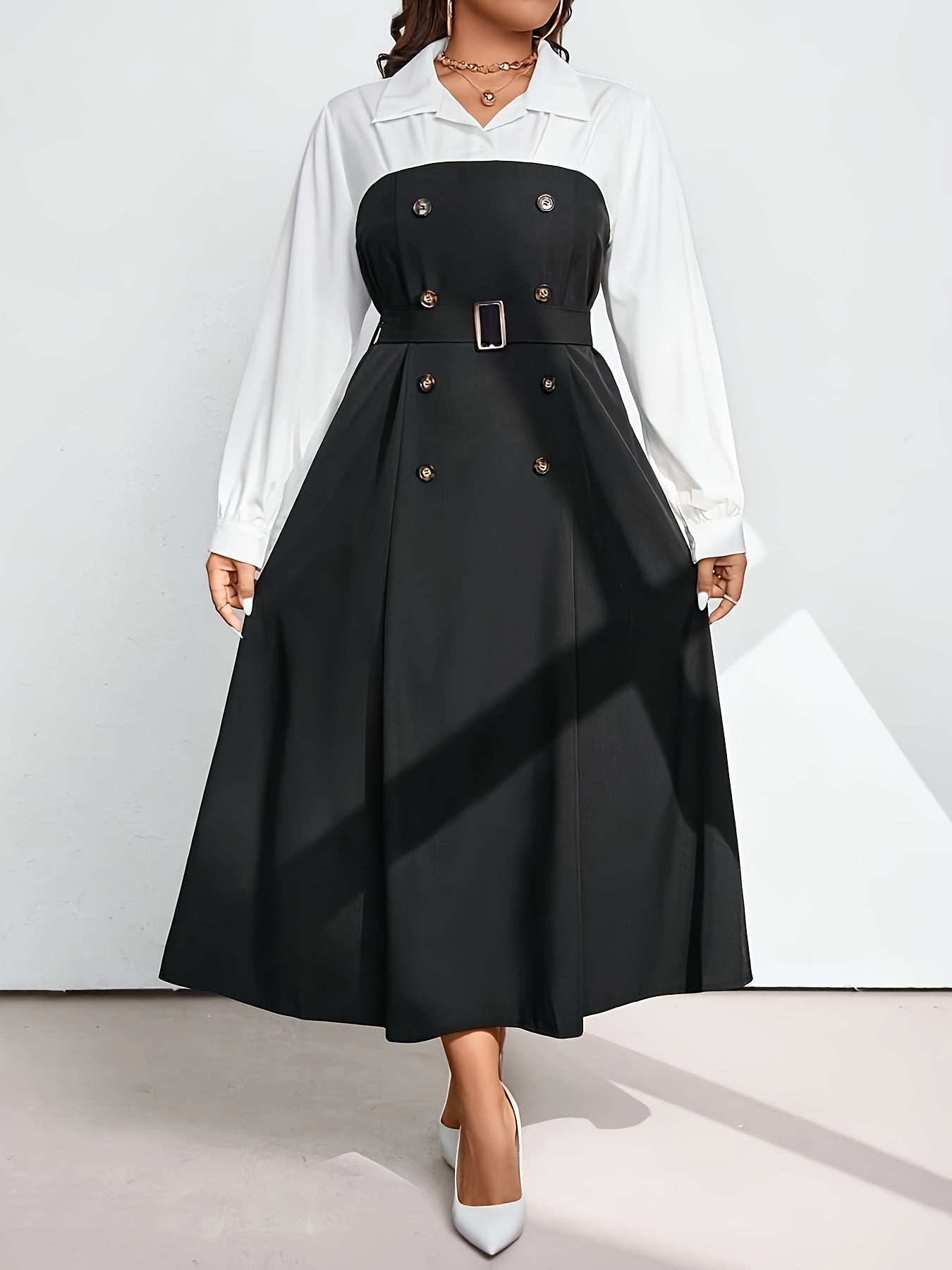 Black & White Chic Shirt Collar Belted A-Line Dress