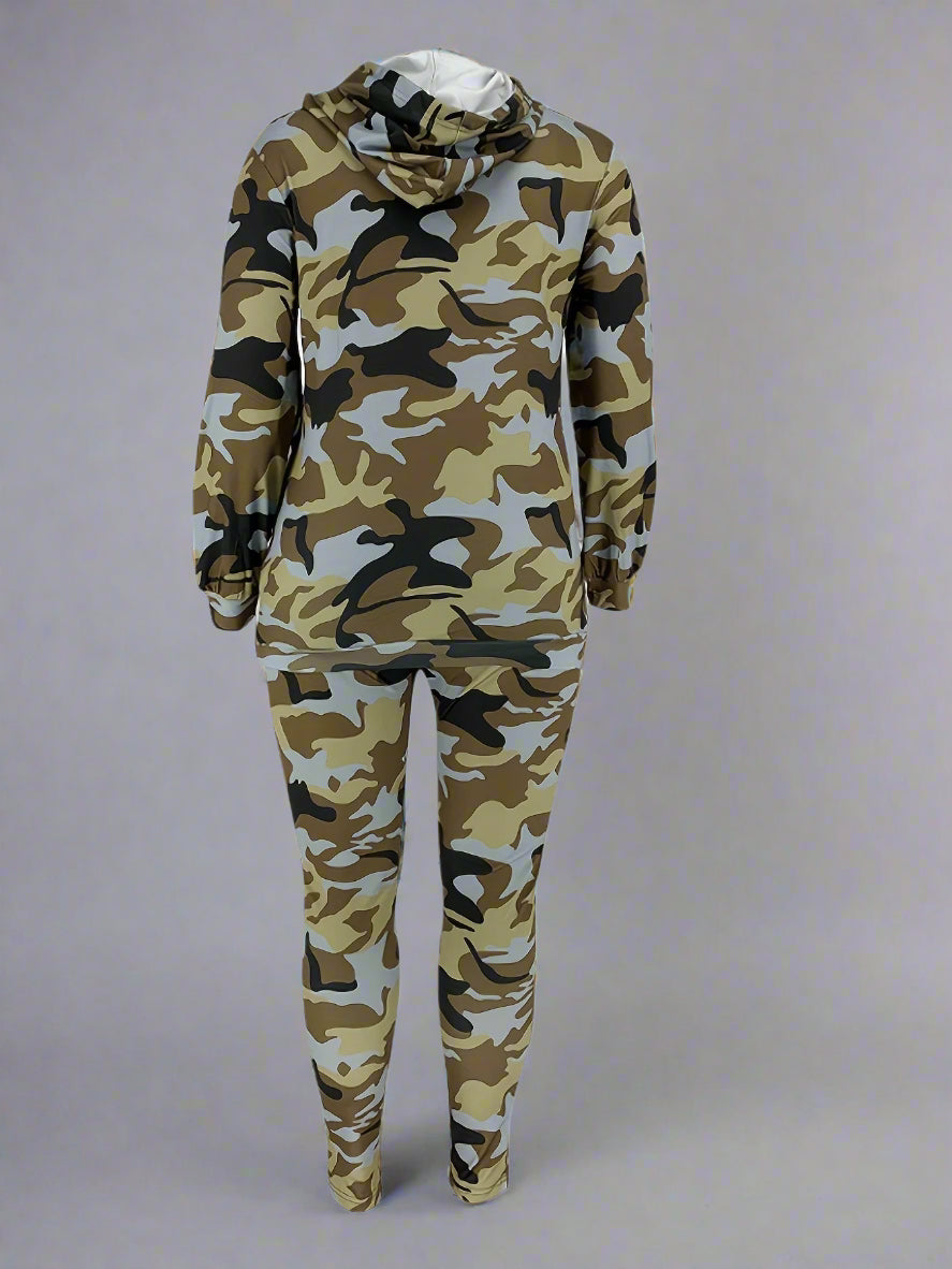 Camouflage Print Hooded Drawstring Pullover + Pants Set