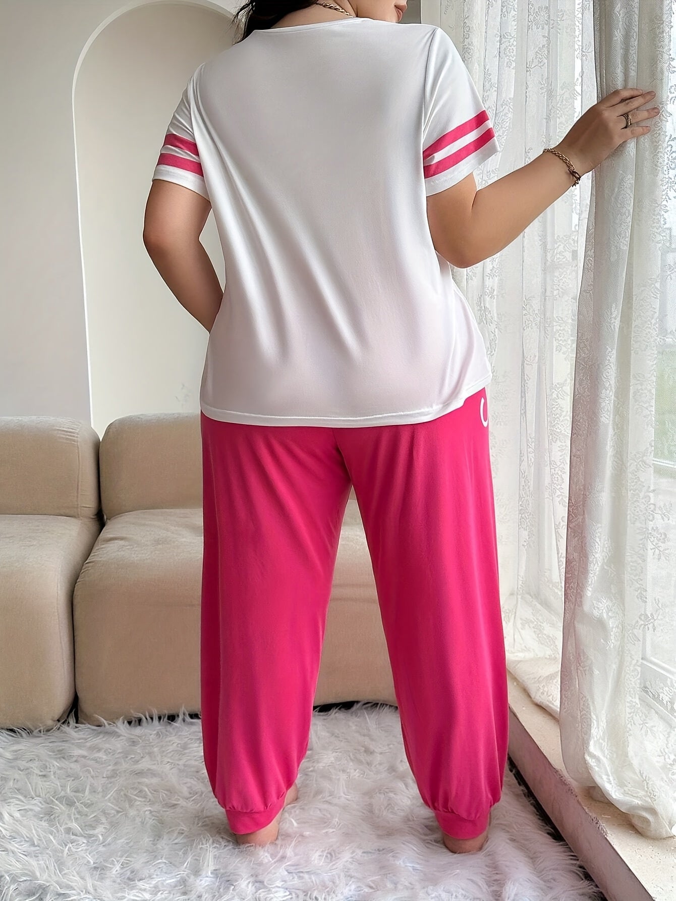 “Sleep” Graphic Striped Top & Drawstring Pajama Set – Soft Two-Piece Loungewear