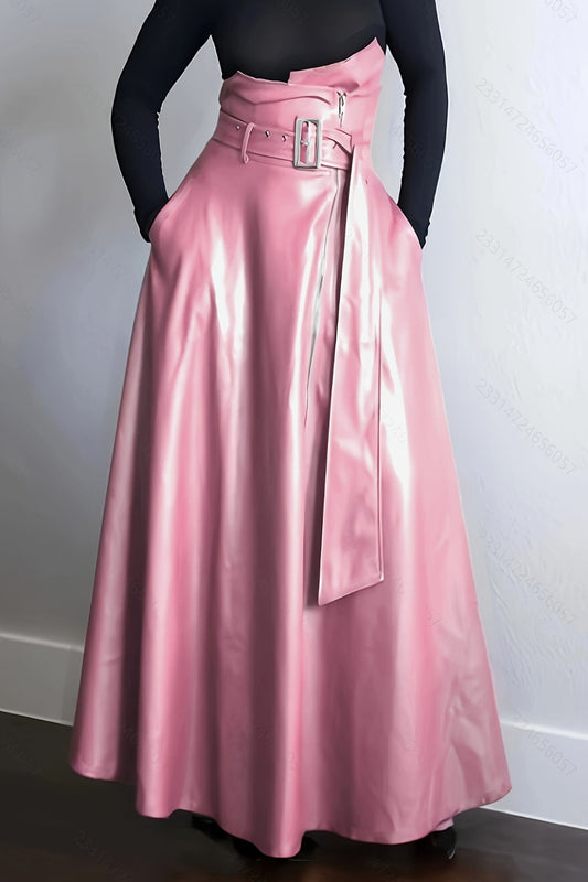 Vibrant High-Waisted Belted Faux Leather Skirt with Side Zipper Pockets