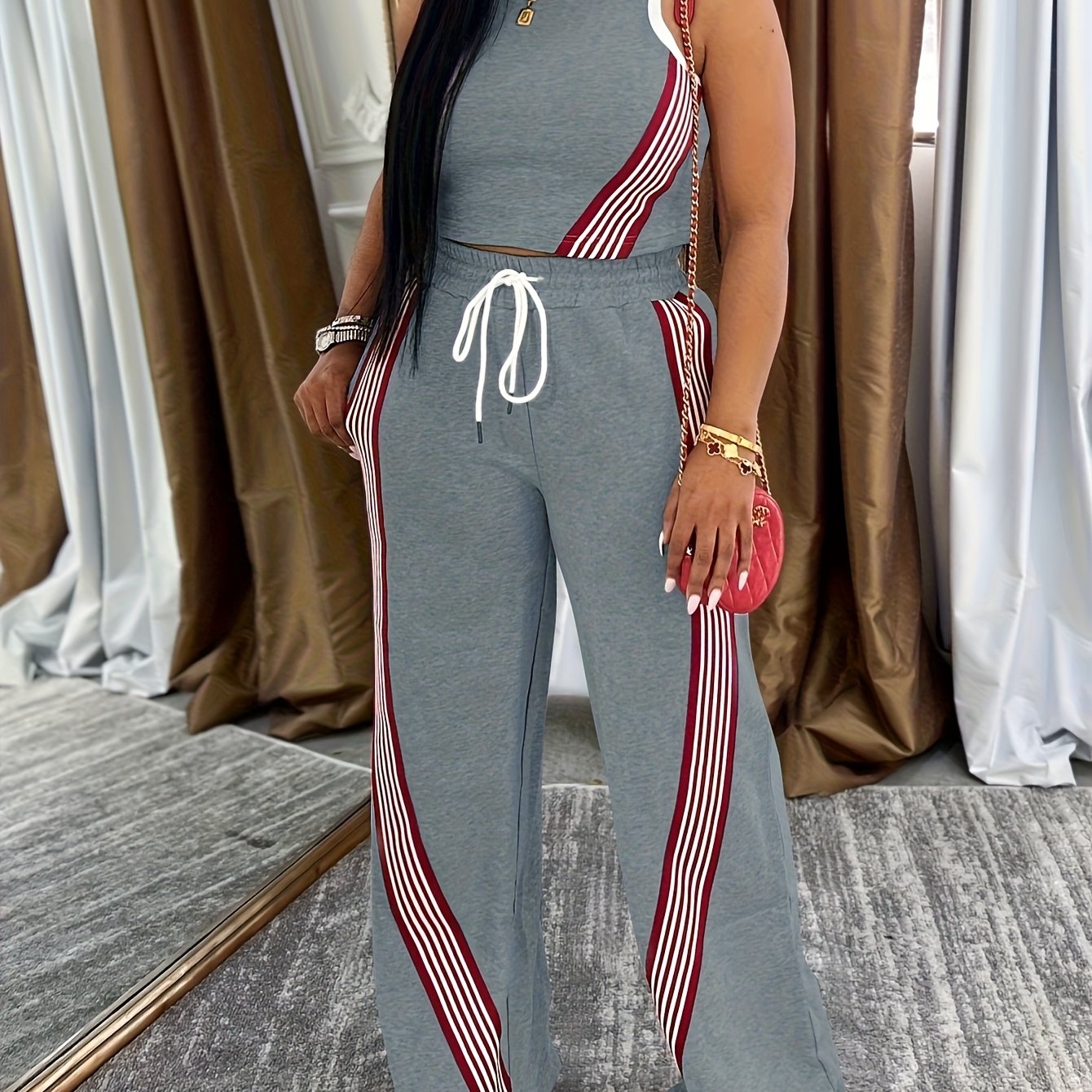 Stripe-Piped Grey Tank Top & Drawstring Wide-Leg Lounge Set