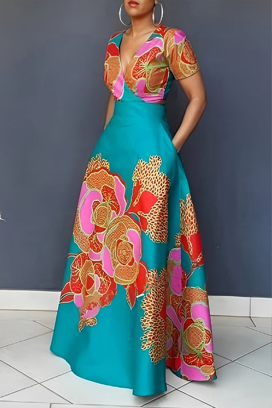 Bright Floral V-Neck Dress – Colorful Summer Midi Dress with Cap Sleeves