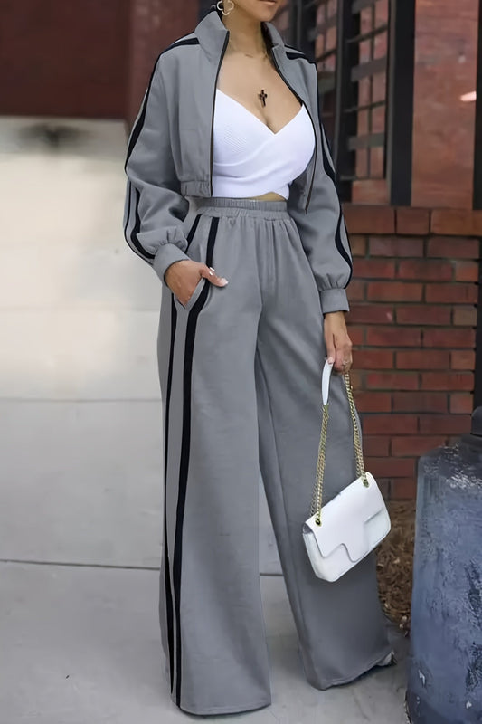 Striped Grey High Neck Zipper Front Top and Pants Set