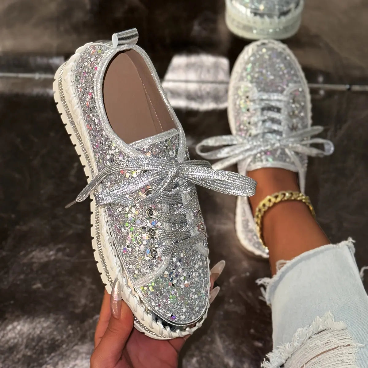 Rhinestone Glitter Low-Top Sneakers Toshe Women's Fashions
