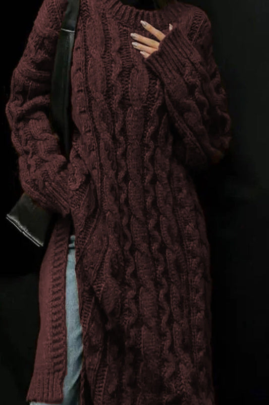 Crimson Turtleneck Cable-Knit Sweater Dress with Side Slit – Cozy Elegant Midi Dress