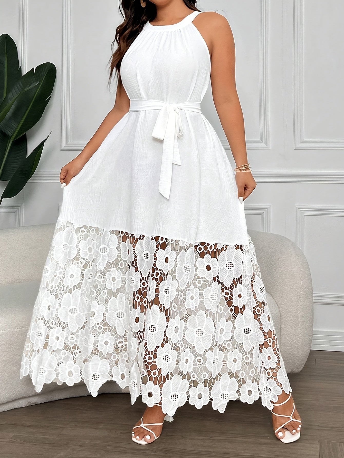 Elegant White Lace Maxi Dress – Sleeveless & Flowy for Bridal or Summer Events