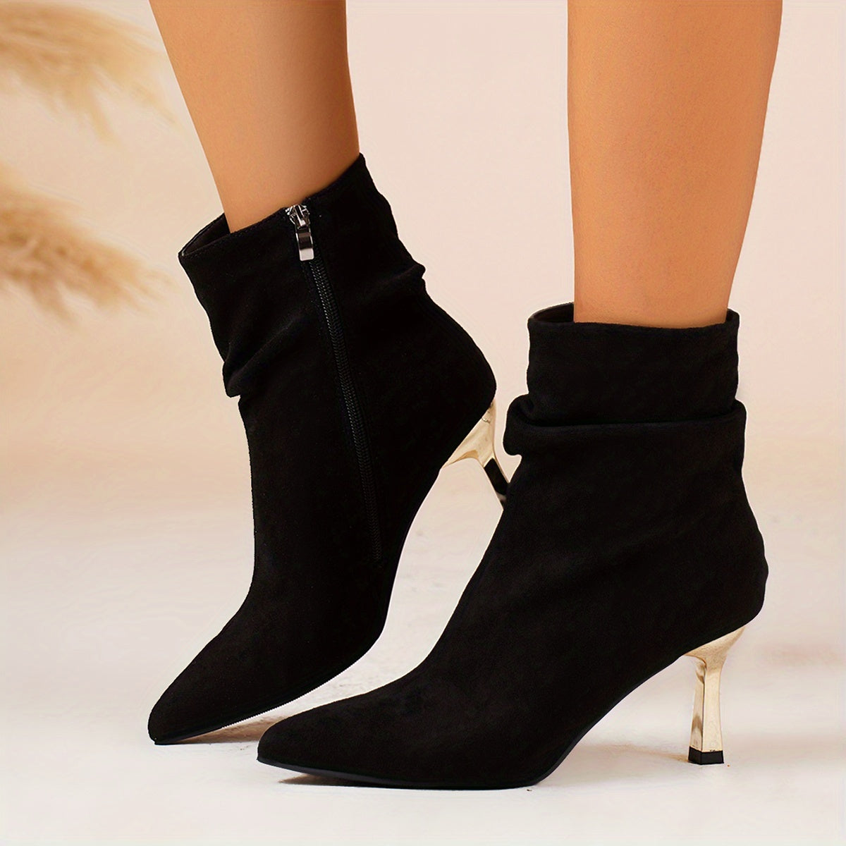 Faux Suede Stiletto Gold Heel Ankle Boots