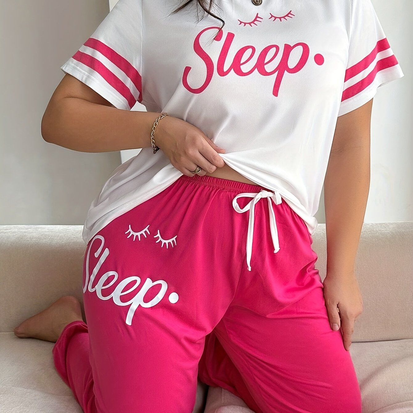 “Sleep” Graphic Striped Top & Drawstring Pajama Set – Soft Two-Piece Loungewear