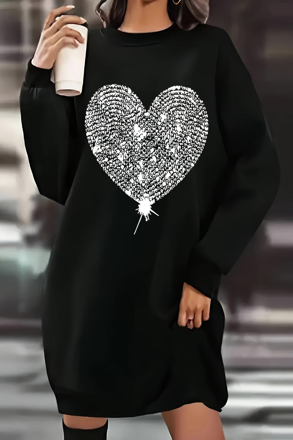 Black Rhinestone Heart Crew-Neck Sweater Dress – Sparkle Accent Knit Mini