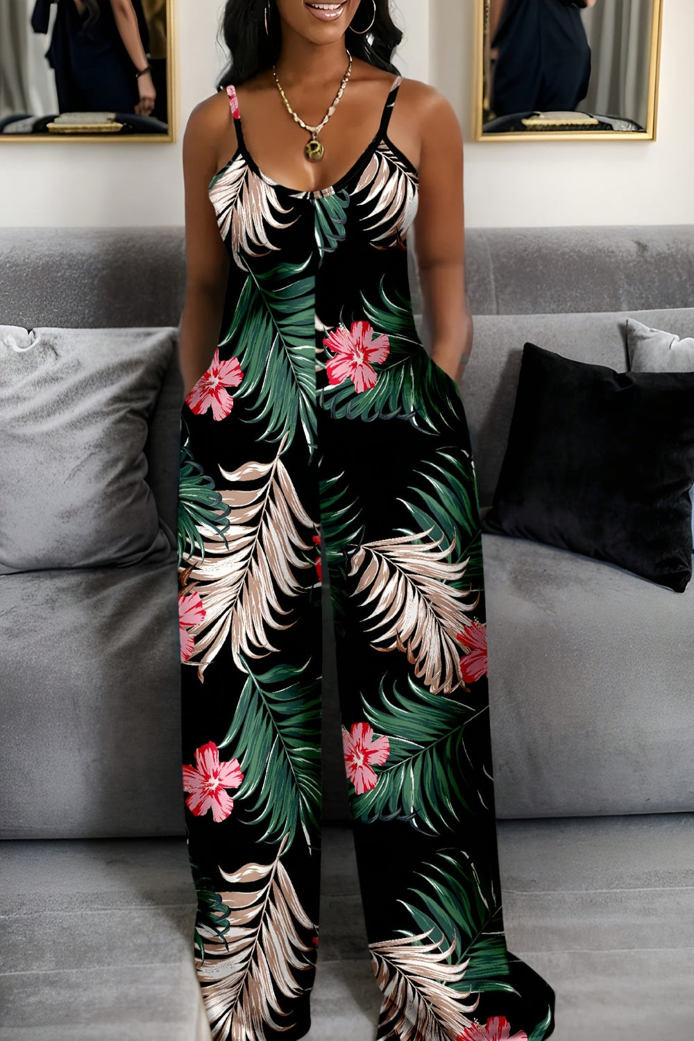 Tropical Palm Leaf Wide-Leg Jumpsuit – Sleeveless, Lightweight & Effortless