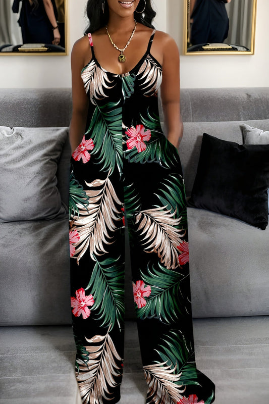Tropical Palm Leaf Wide-Leg Jumpsuit – Sleeveless, Lightweight & Effortless