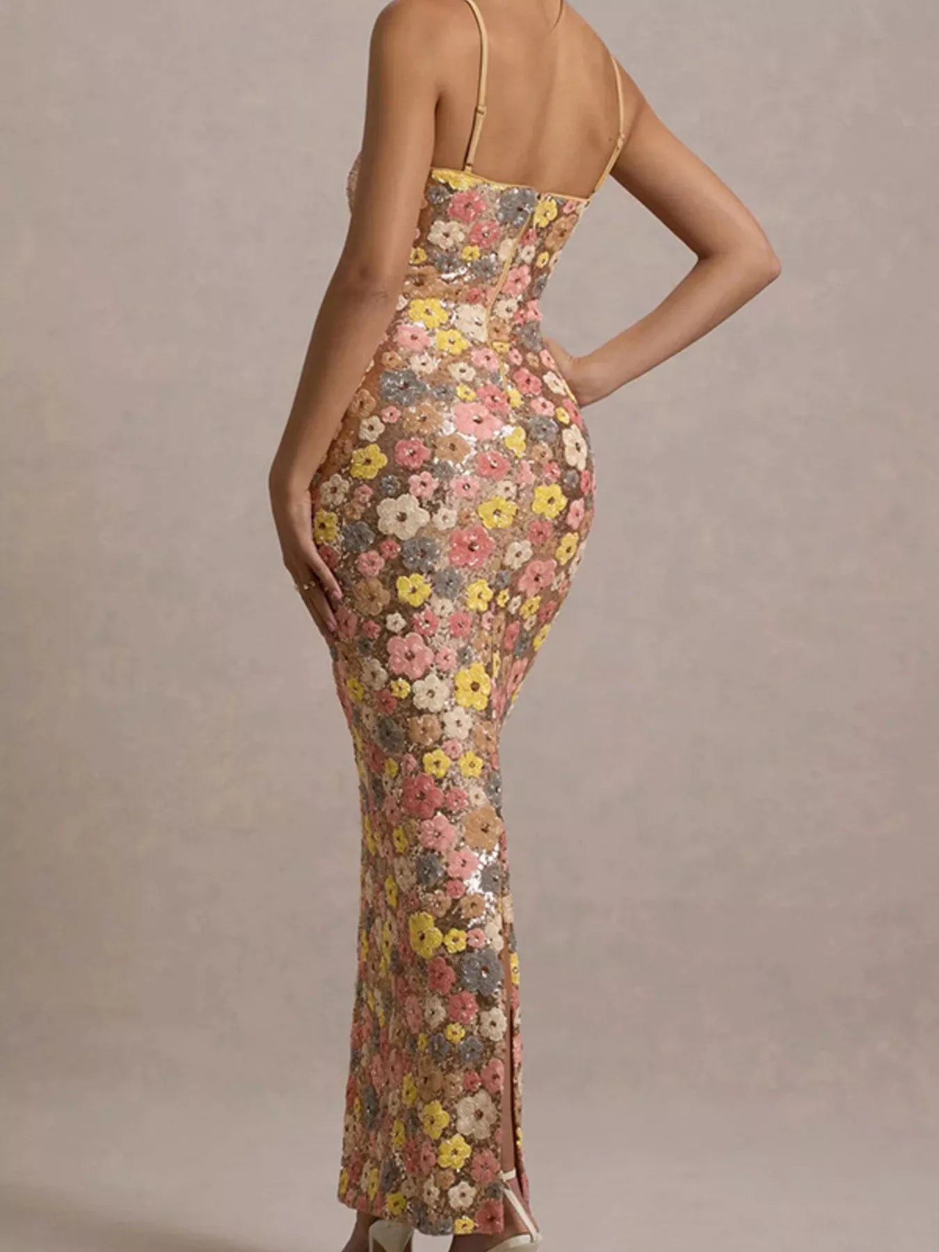 Floral sequin embellished floral print bodycon maxi dress, elegant after 5 evening wear by Trendsi, shown on a model.