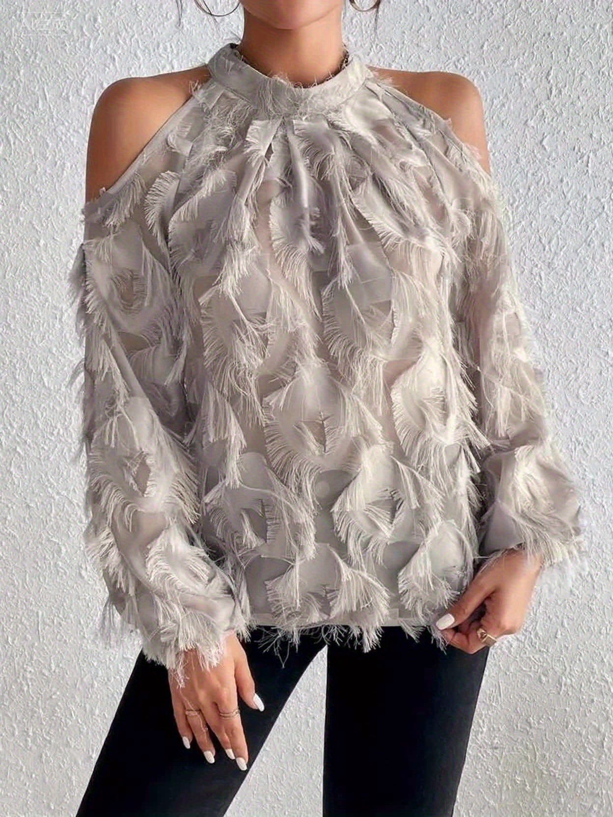 Feather-Like Plush Semi-Sheer Open-Shoulder Blouse – Luxe Evening Top