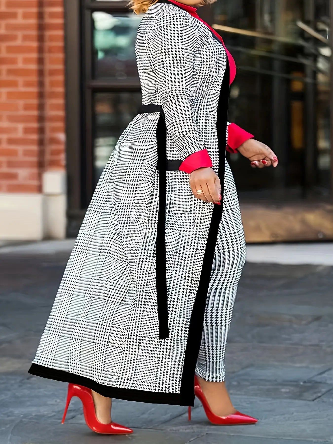 Houndstooth Belted Long Cardigan with Slim Fitting Pants Set Ali Express