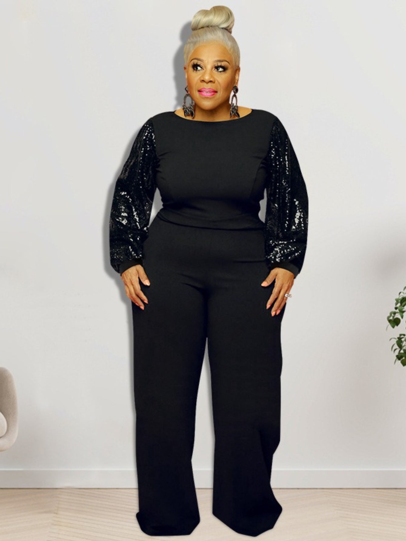Elegant Sequin Sleeve Jumpsuit – Black One-Piece for Evening Glam