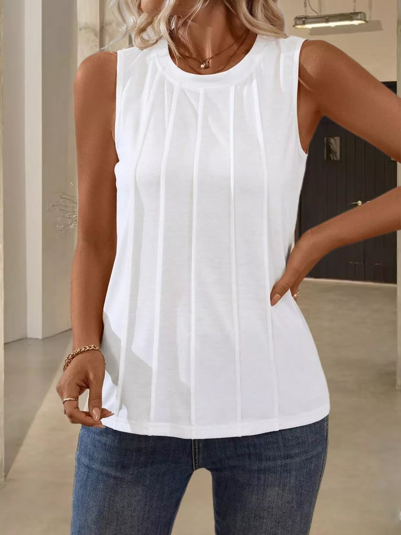 Wide ribbed detailed tank top from Trendsi, featuring a fitted design and textured fabric, ideal for casual or layered outfits.