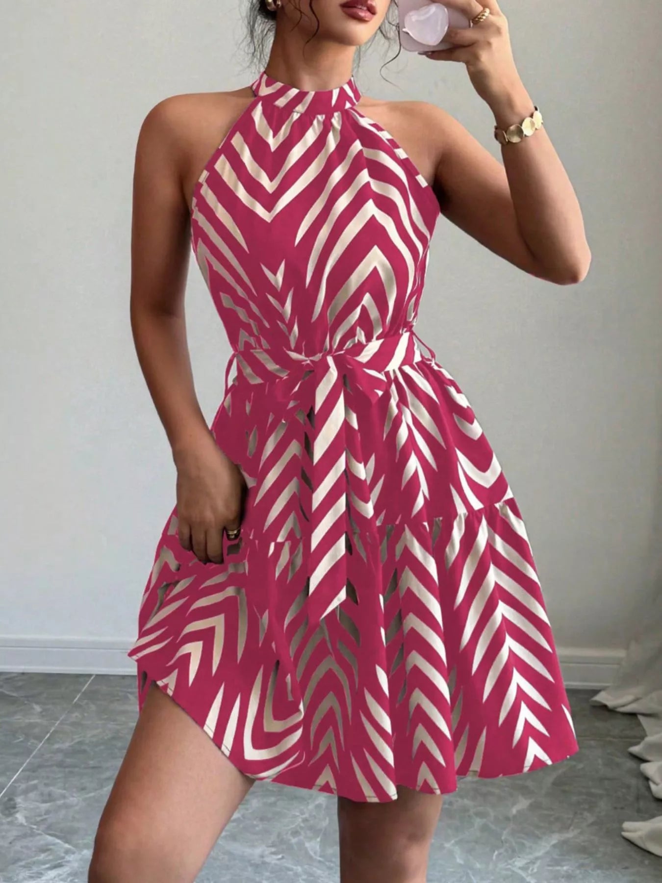 Zebra print halter neck dress with tie waist and ruffle hem, stylish trendy dress from Trendsi.