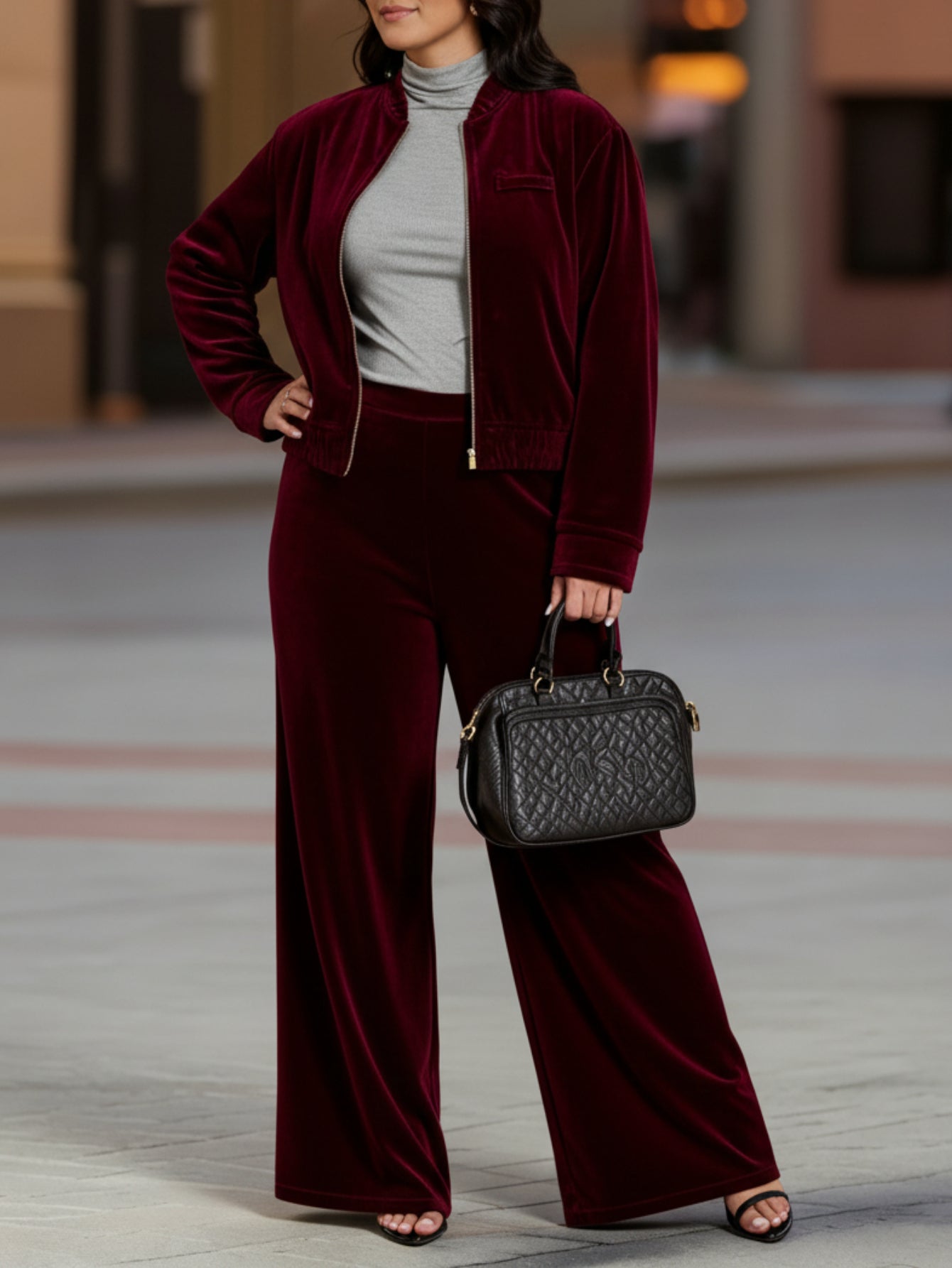 Retro Style Crimson Short Jacket & Wide-Leg Pant Set