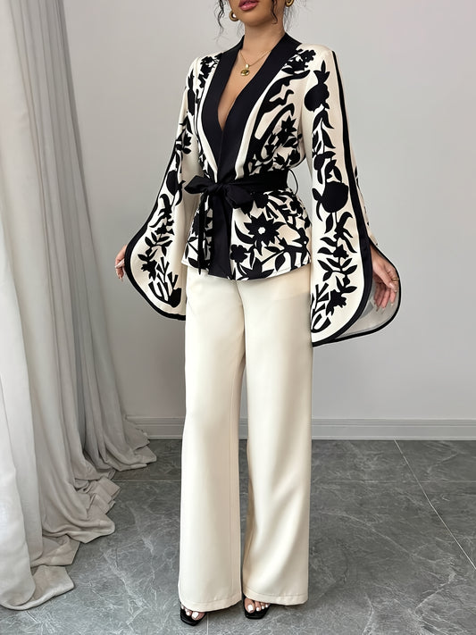 Black Floral Print Belted Blouse