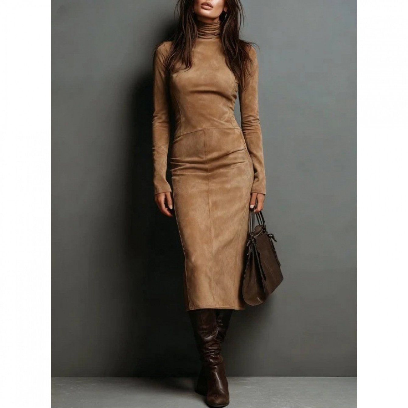 Faux Suede Bodycon Dress with High Neck
