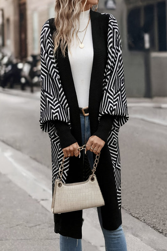 Black/White Acrylic Knit Open-Front Geometric Pattern Cardigan