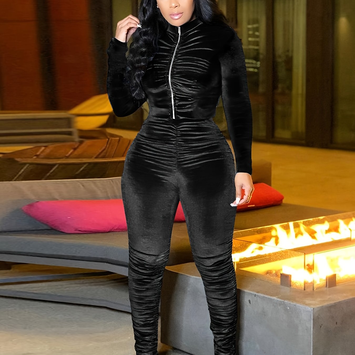 Cropped Zipper Jacket & Fleece Pants Lounge Set