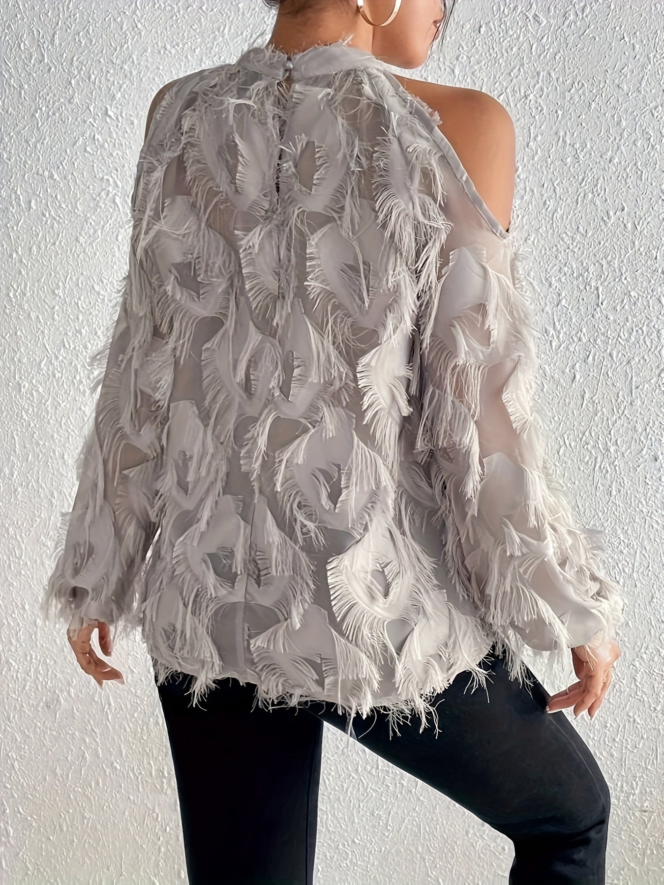 Feather-Like Plush Semi-Sheer Open-Shoulder Blouse – Luxe Evening Top