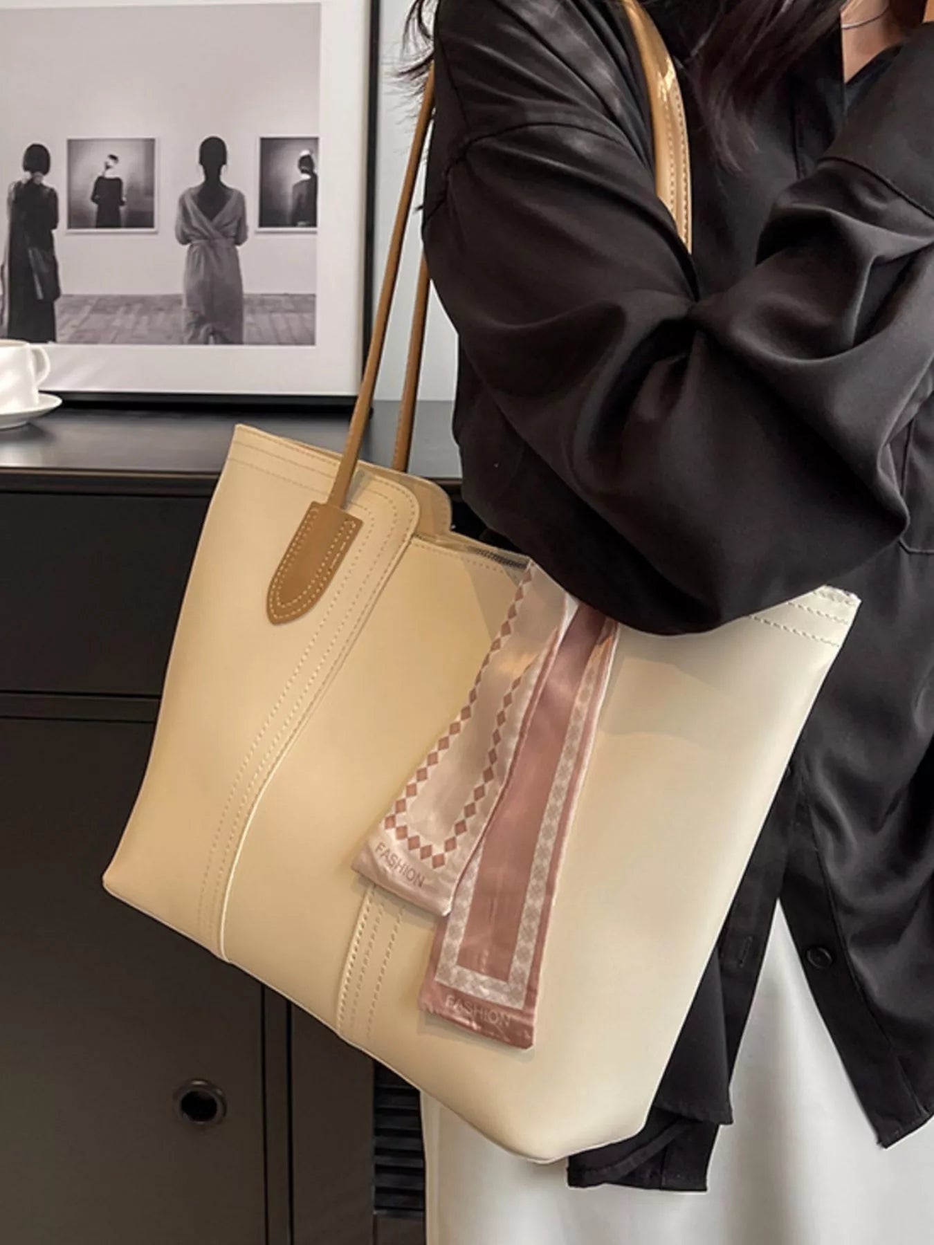 Casual Trendsi tote shoulder handbag in neutral fabric with double handles and spacious interior, perfect for everyday use.