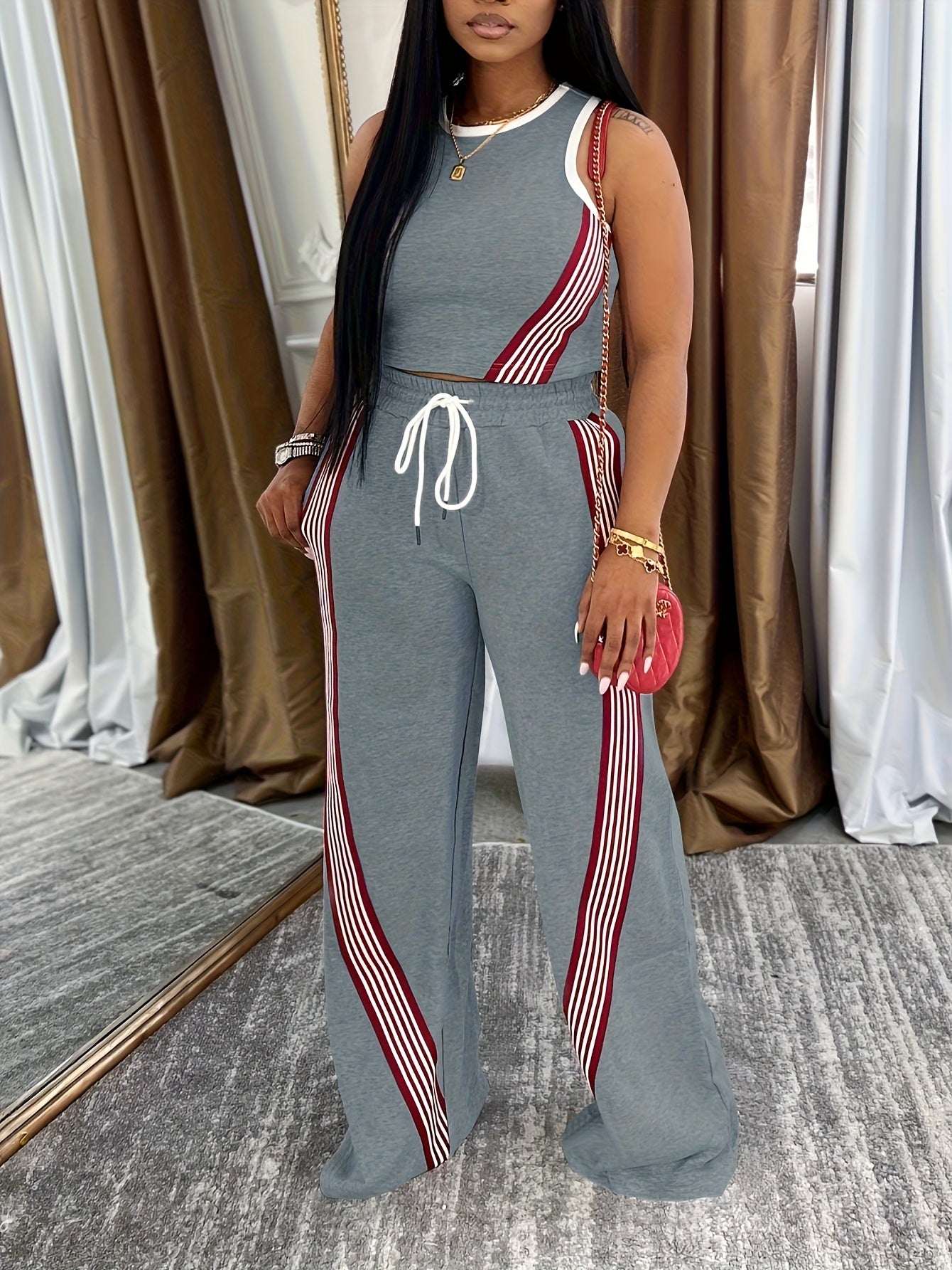 Stripe-Piped Grey Tank Top & Drawstring Wide-Leg Lounge Set