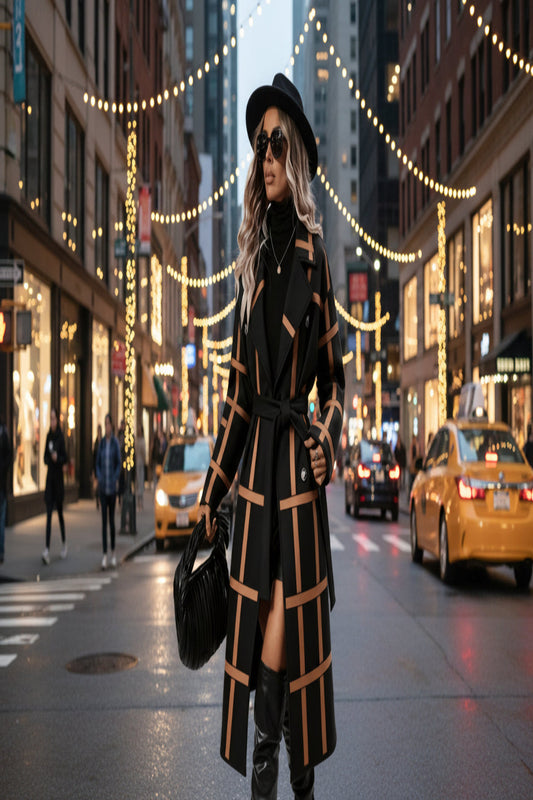 Black Printed Double-Breasted Long Belted Trench Coat