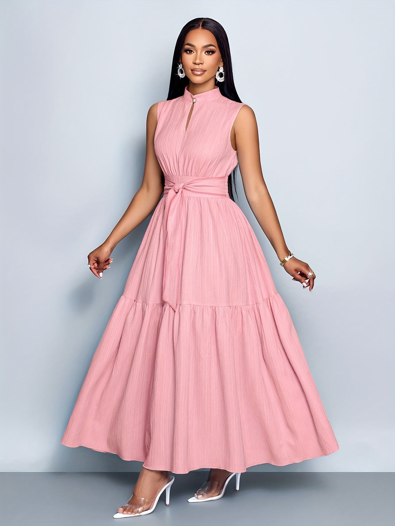 Textured Belted Summer Dress – Ruffled Hem & Lightweight Sleeveless Fit